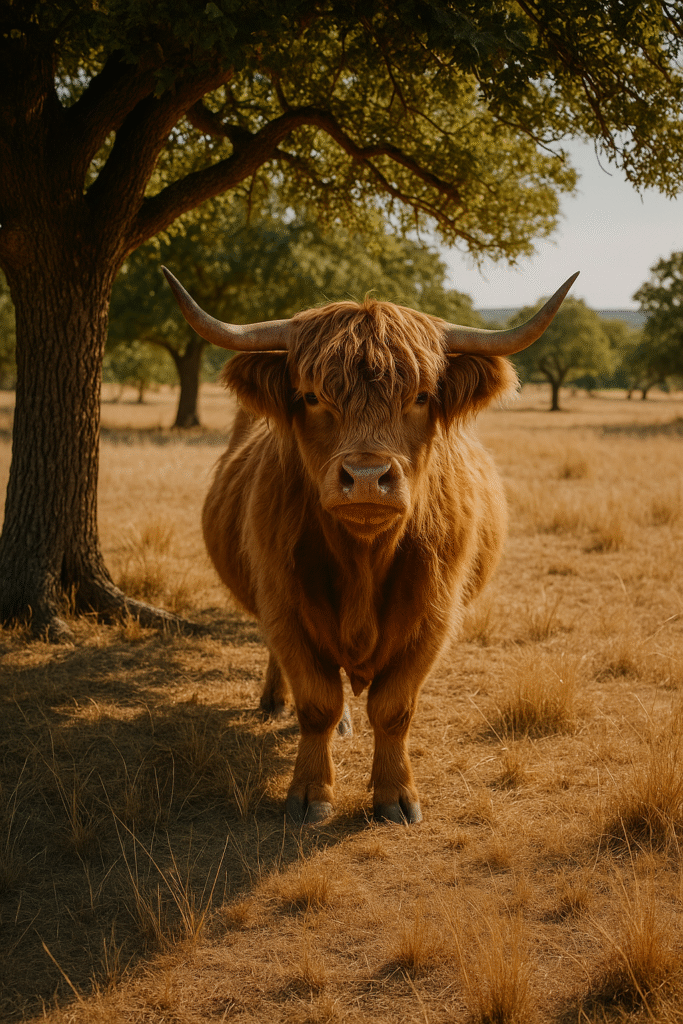 Highland cow standing under a tree in a dry, sunlit pasture, facing the camera with a shaggy coat and long horns.