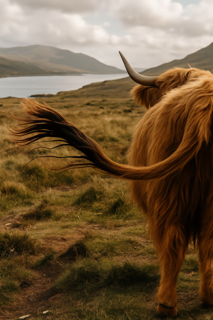Highland cow tail in a rugged landscape, showing Highland cow tail in action