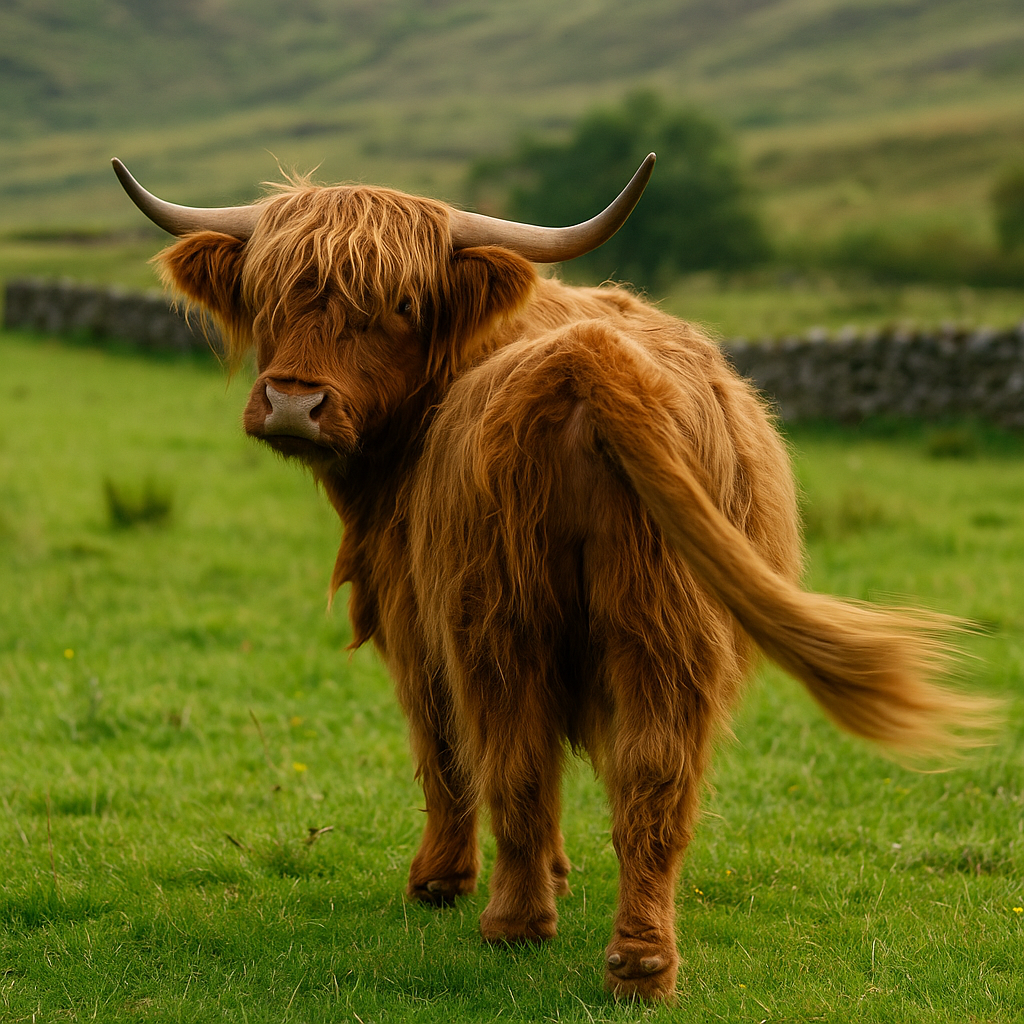 Highland cow tail swaying in motion, demonstrating Highland cow tail in action