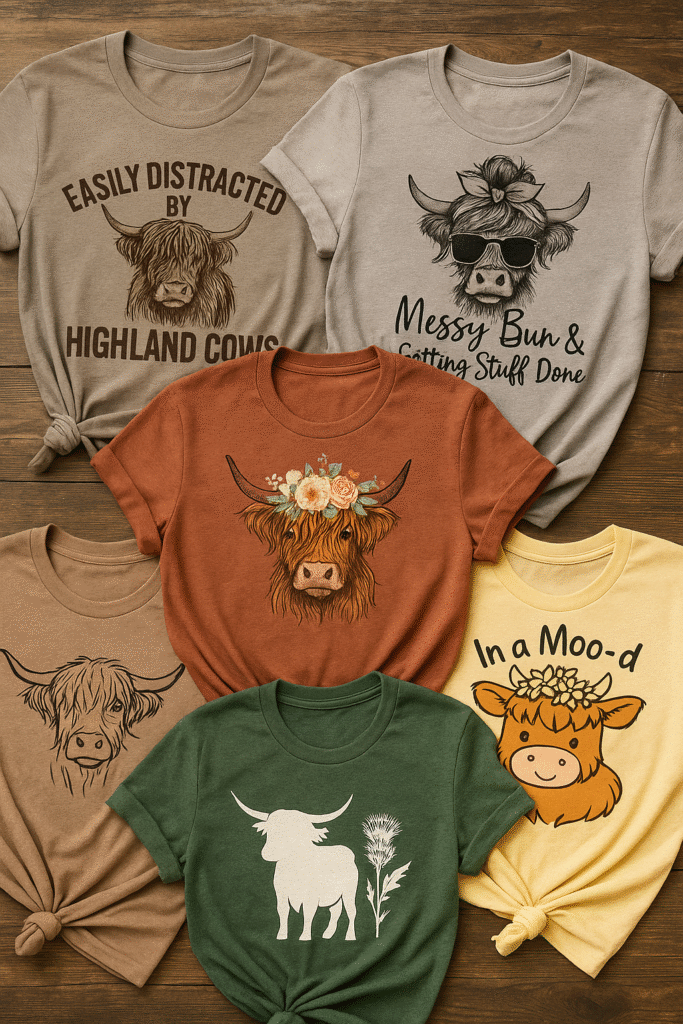 Highland cow-themed t-shirts with funny and cute designs arranged on a wooden surface.