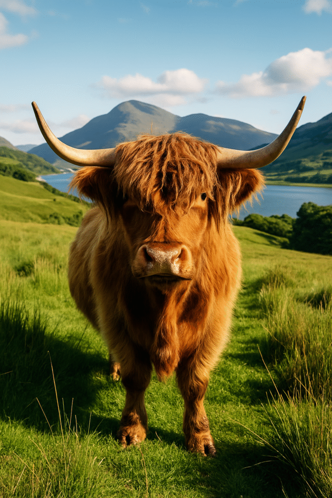Highland cow using senses in a scenic environment, showcasing Highland cow senses