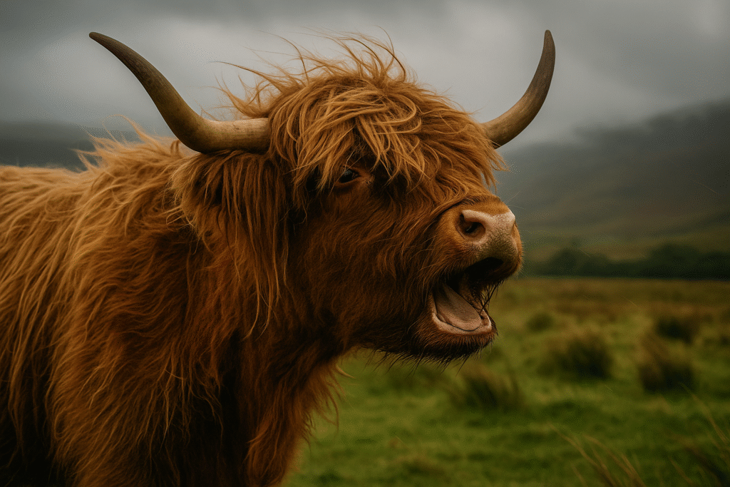 Highland cow mid-moo in a windy field — showing how Highland cows have accents in their vocalisations