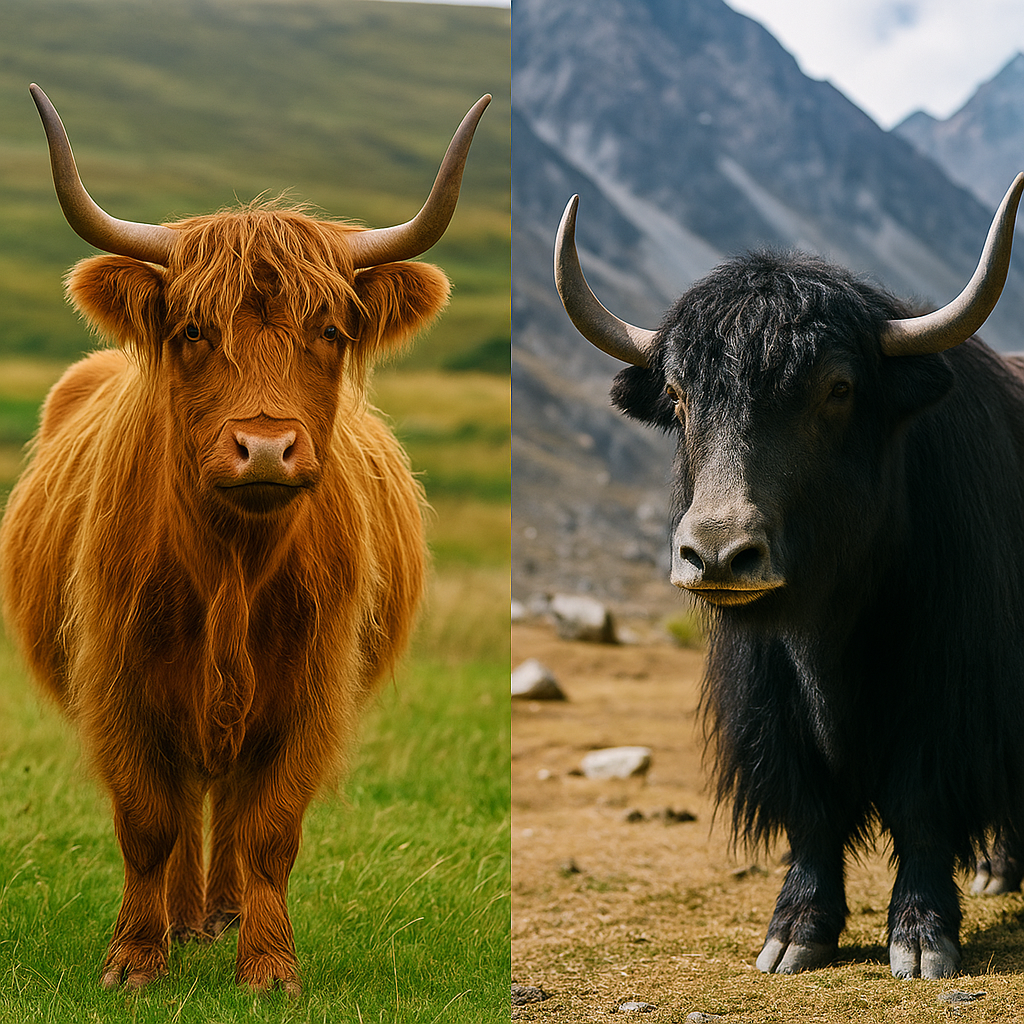 Highland cow vs yak standing side by side in natural environments, highlighting key differences in coat, horn shape, and habitat.
