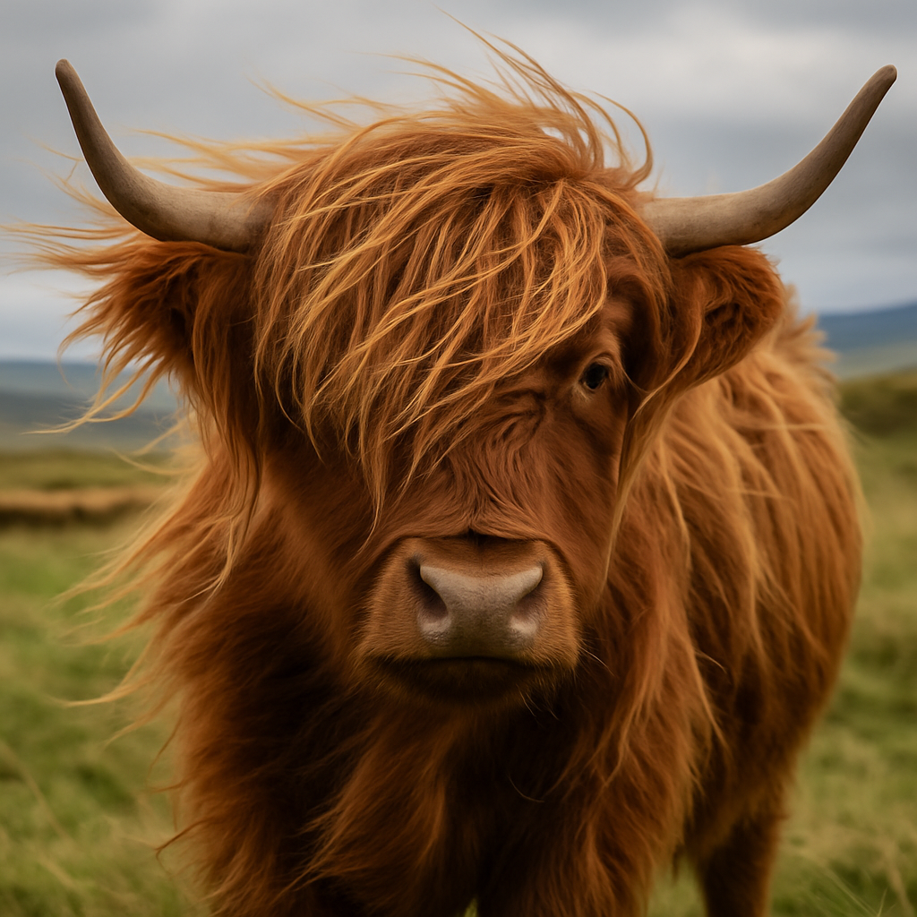 Highland cow with long hair and fringe in a windswept field, representing Highland cow hair or wool.