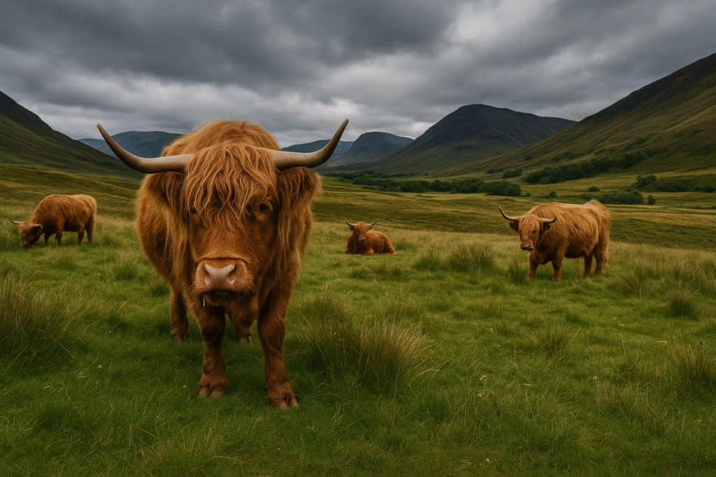 Highland cows grazing in the Scottish Highlands with rolling hills and moody skies