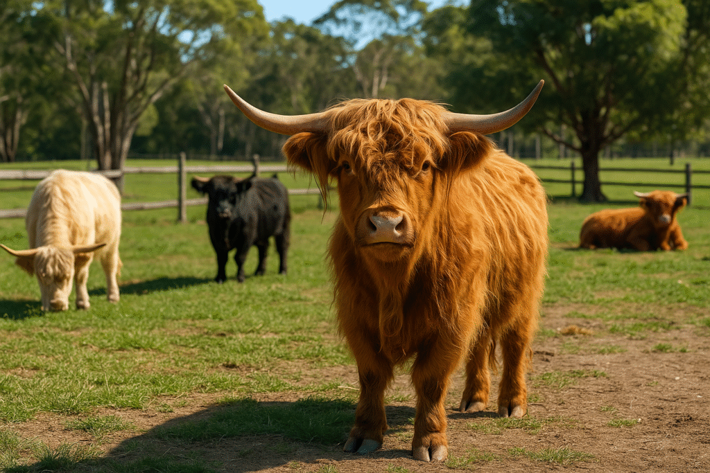 Highland cows of various colours grazing in a fenced paddock on a sunny day