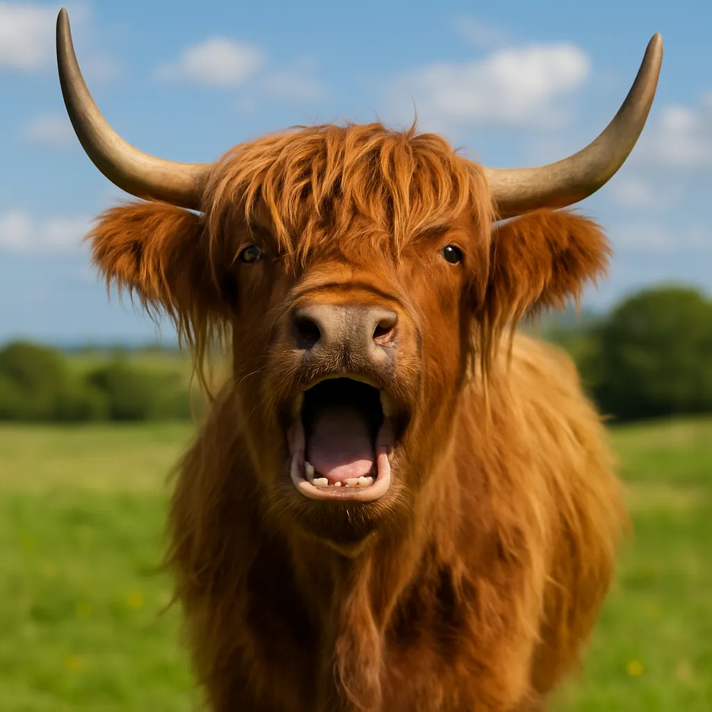 Highland Cow Mooing in a field
