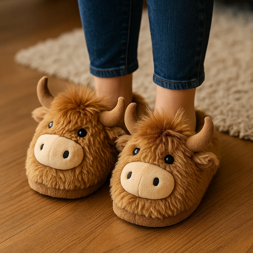 Someone wearing Highland Cow Slippers