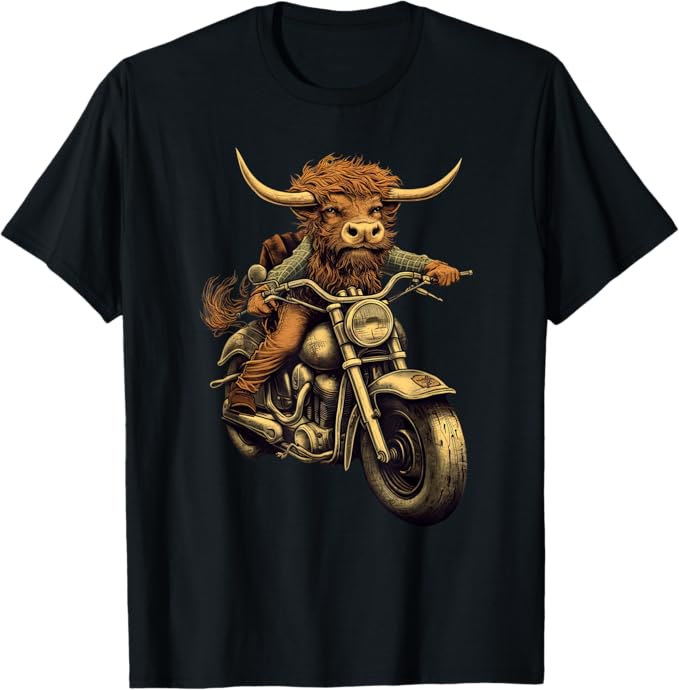 Scottish Highland Cow Cattle Rides Motorcycle Men T-Shirt