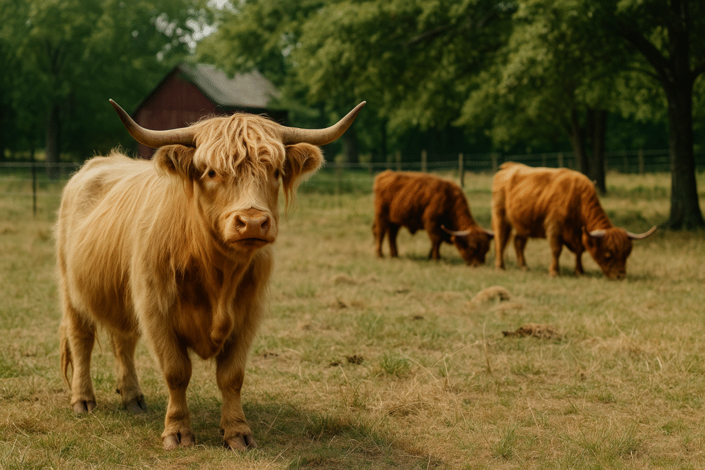 Shaggy Highland cow near a red barn, with two others grazing in a green pasture