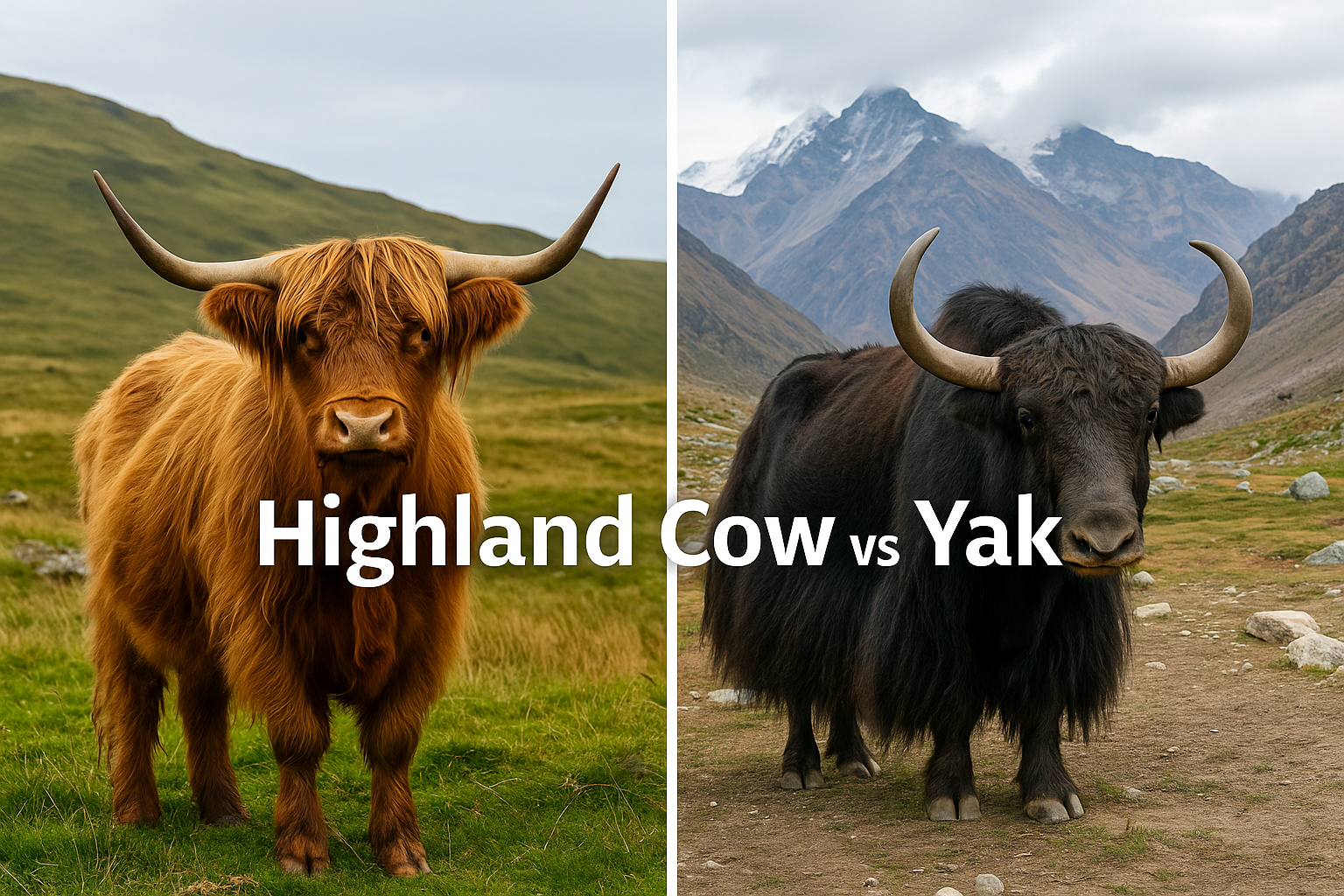 Side-by-side photo of Highland cow vs yak, showing visual differences in horns, coat, and habitat.