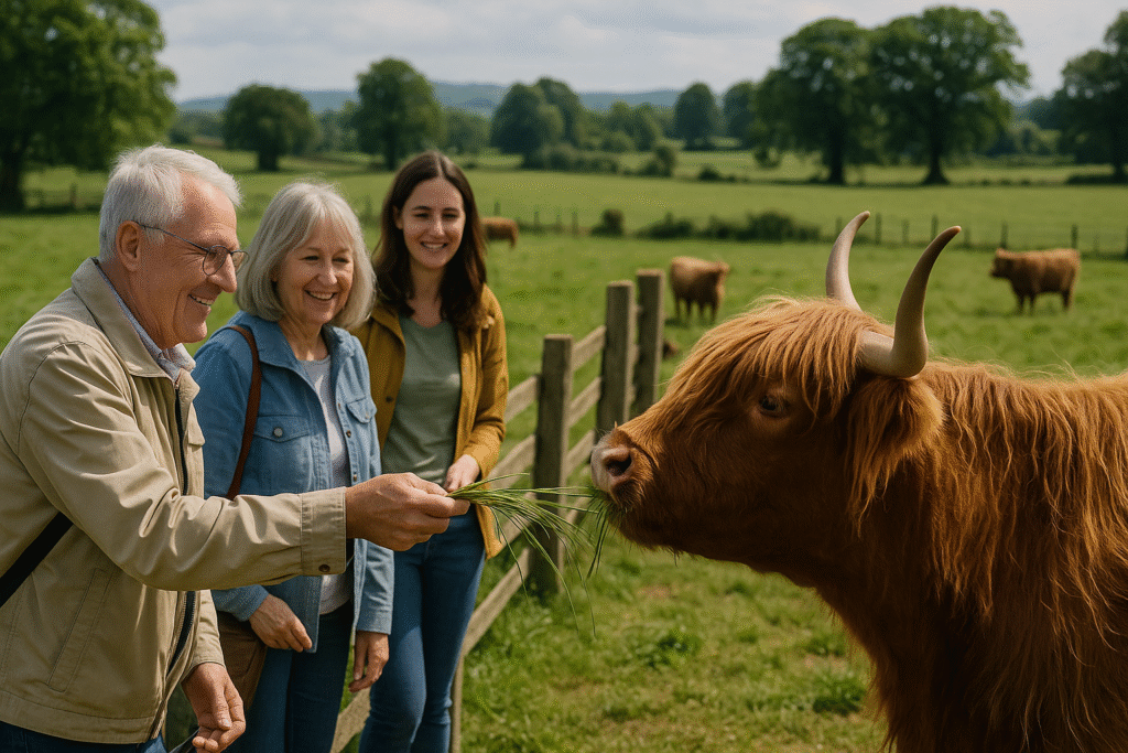 Tourists visiting a Highland cow at a farm, part of Highland cow tourism