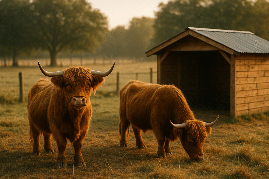 Two Highland cows grazing beside a wooden shelter on a small hobby farm.