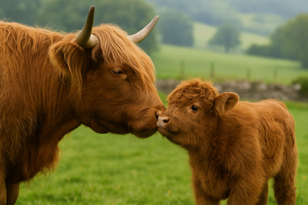 Two Highland cows standing face to face, appearing to communicate through posture and gaze, showing how Highland cows communicate.