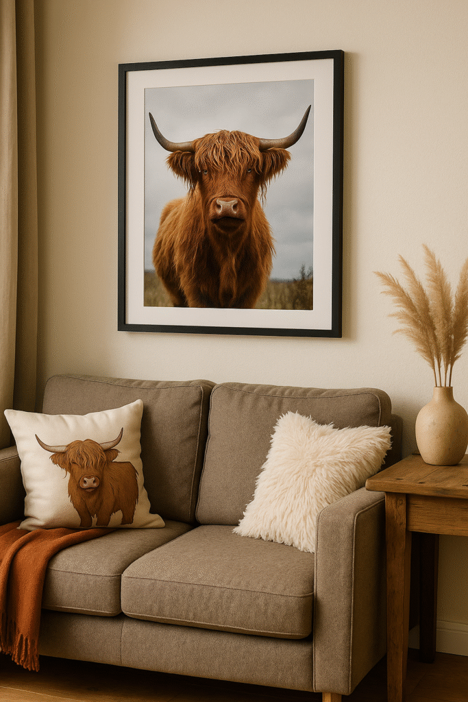 Framed Highland cow print hanging above a sofa