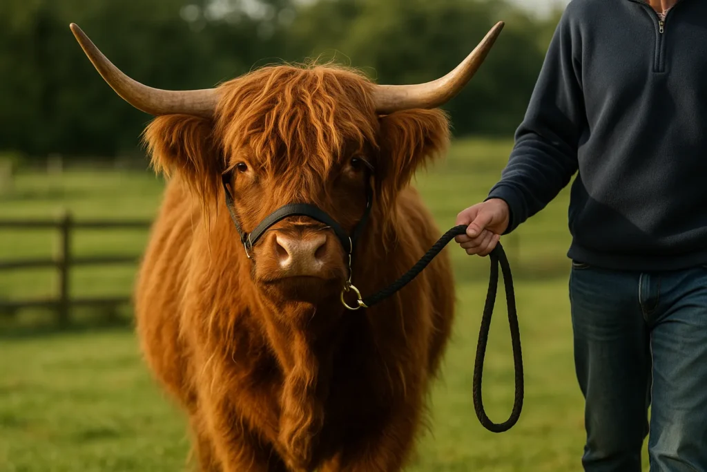 ighland cow on a halter standing calmly in a field with a handler