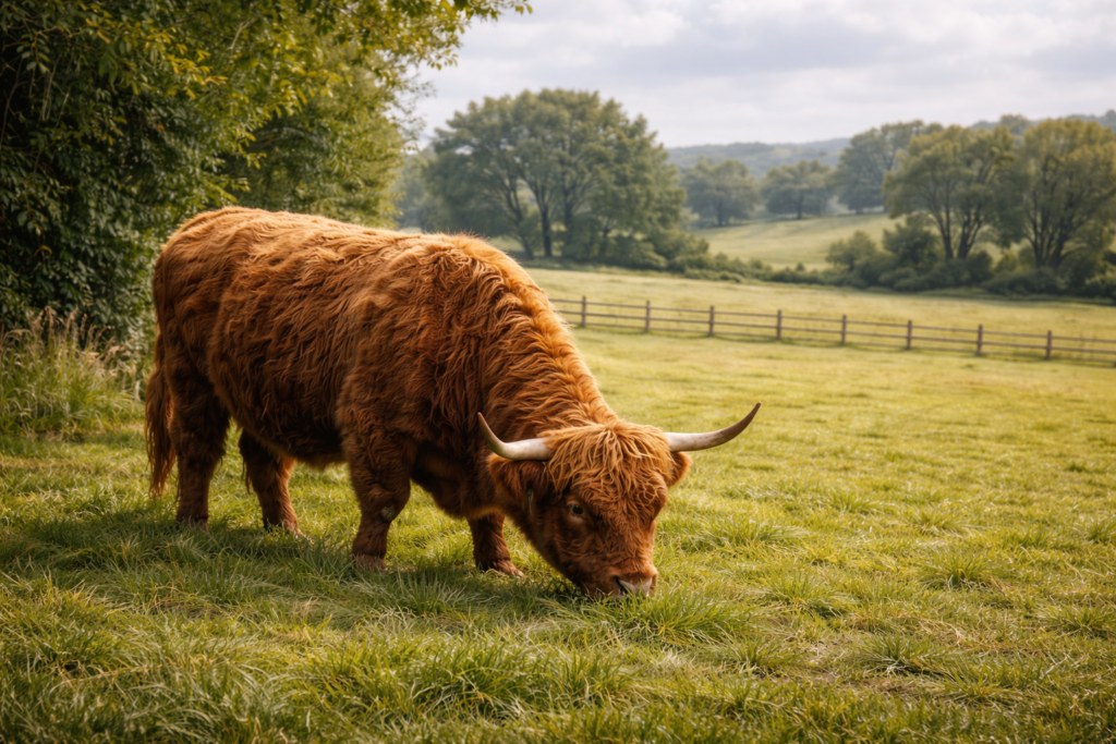 Highland cow feed cost reduced by grazing on green pasture