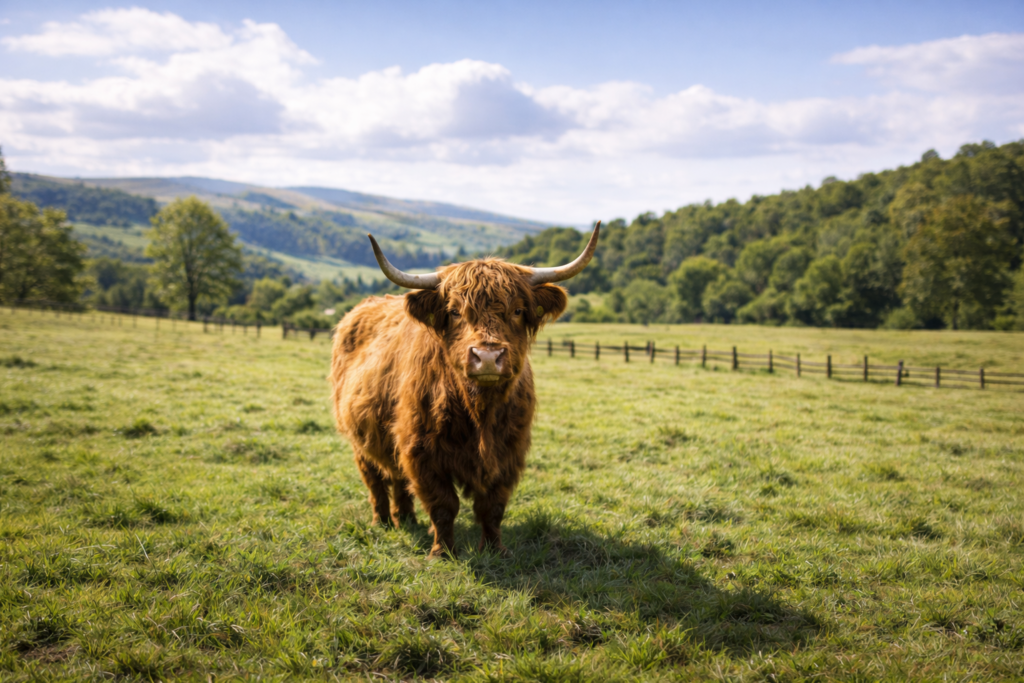 Highland cow standing in a large green pasture