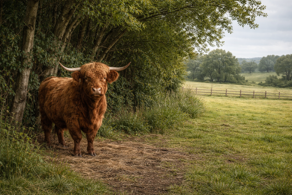 Highland cow standing near natural shelter from trees and hedgerows in a field