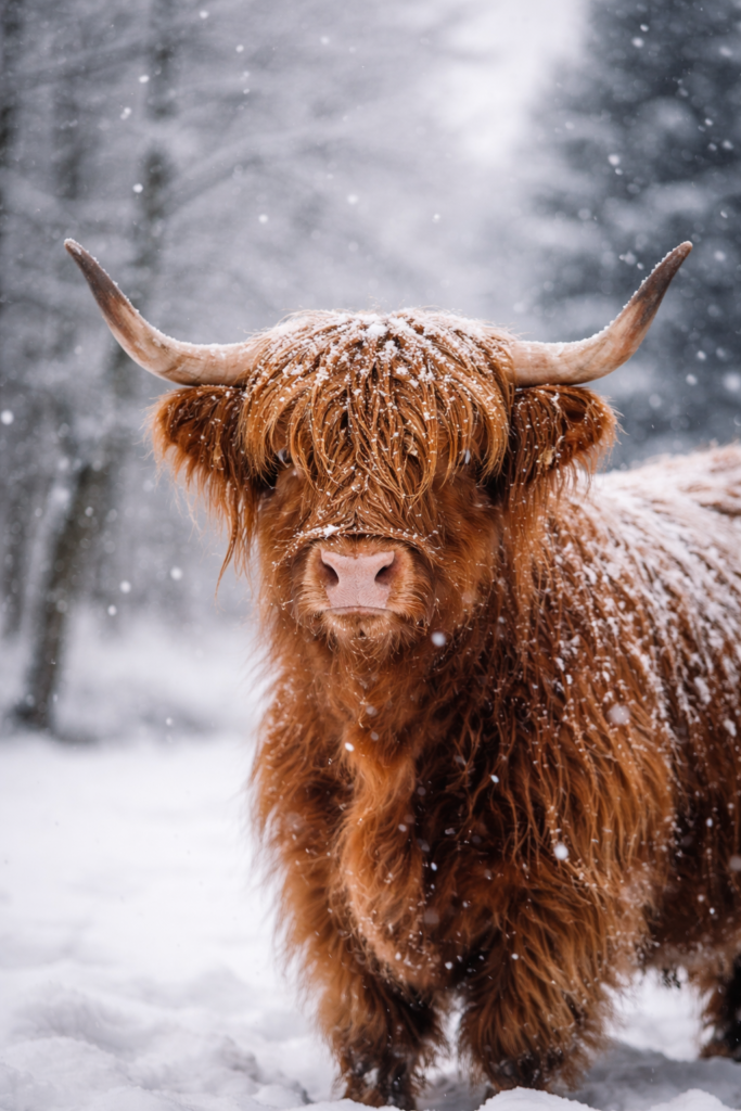 Highland cow with thick coat in snowy winter landscape