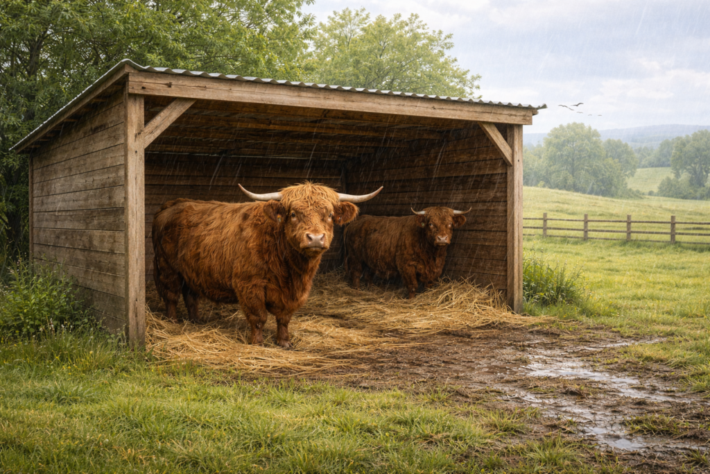 Highland cows using a field shelter for protection from rain and wind