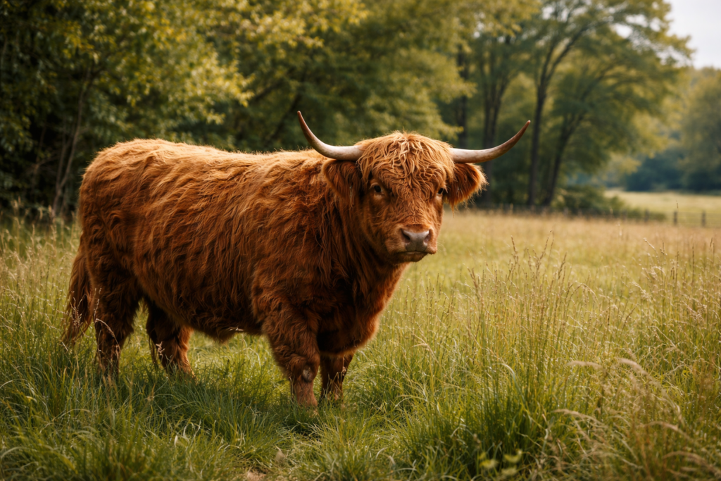 Highland cow standing in tall grass where ticks are commonly found