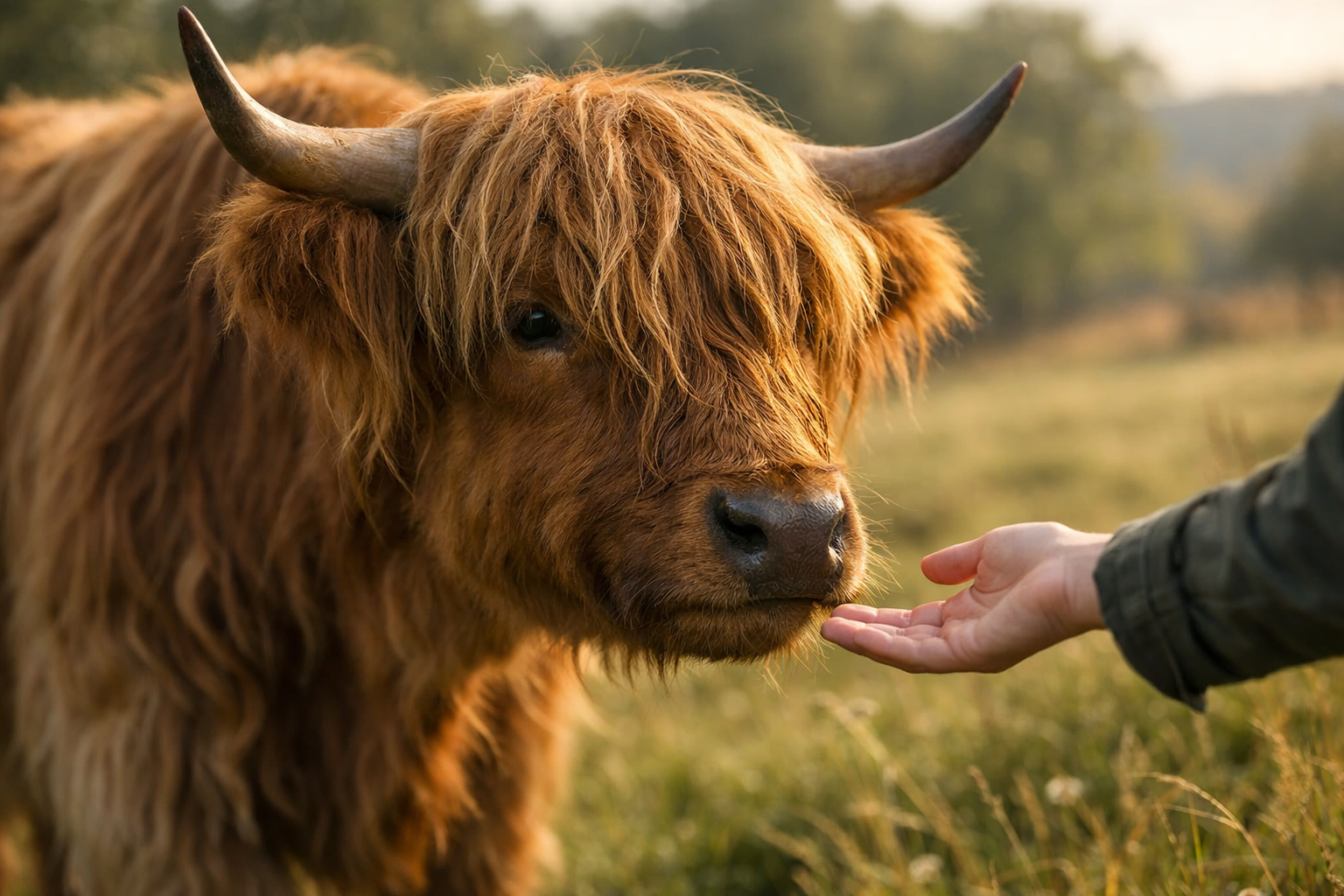 Highland cow gently approaching a human hand in a grassy field showing trust and recognition