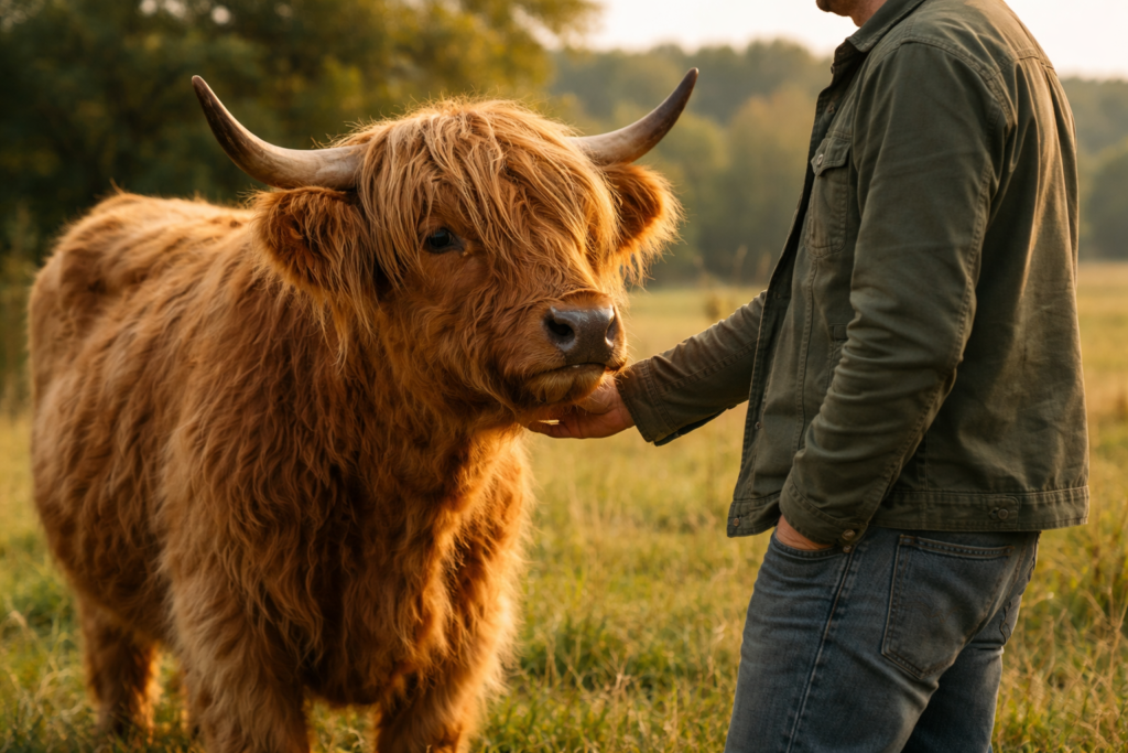 Highland cow standing calmly beside a farmer in a rural pasture showing trust and relaxed behaviour