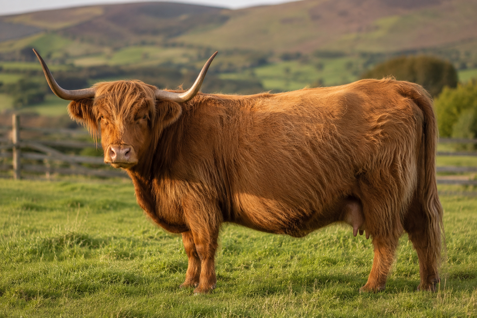 A pregnant red Highland cow standing in a sunny green pasture during the third trimester.