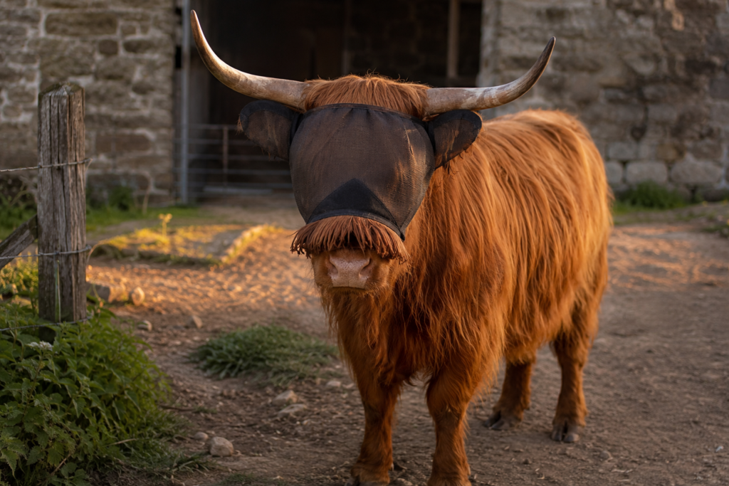 A red Highland cow in a farmyard wearing a protective black mesh livestock fly mask over its shaggy face and eyes.