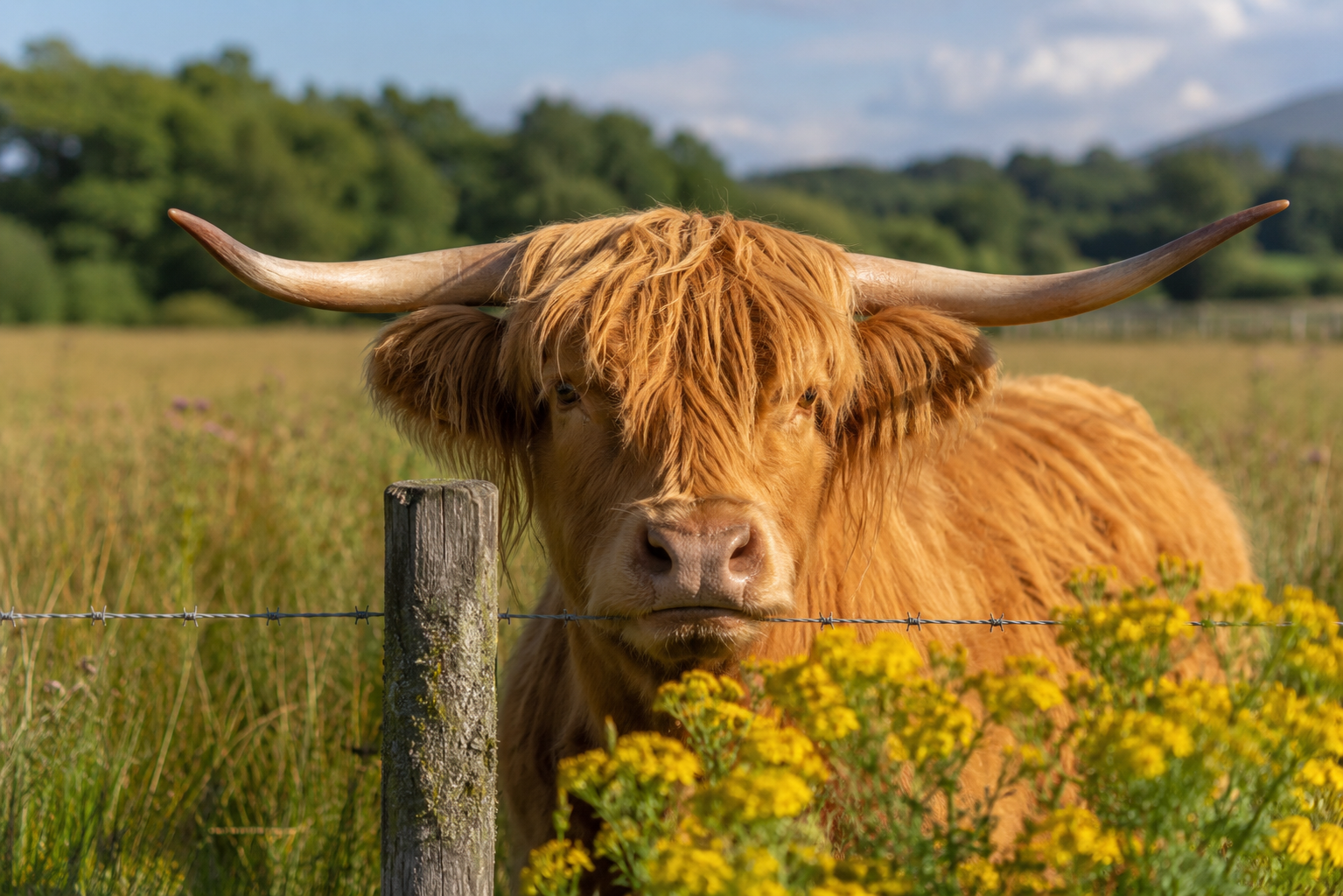 A yellow Highland cow peering over a pasture fence near wild weeds.