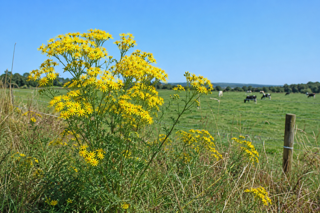 Close-up of yellow common ragwort flowers growing along a farm paddock border.