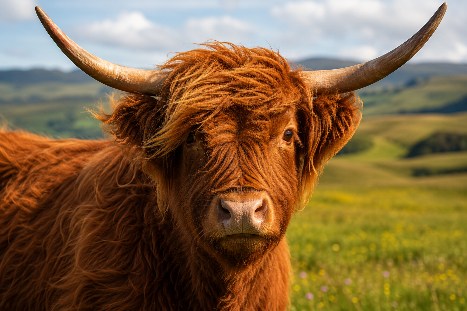 Featured image of a red Highland cow’s face in a summer pasture, showing the shaggy dossan hair fringe around the eyes.