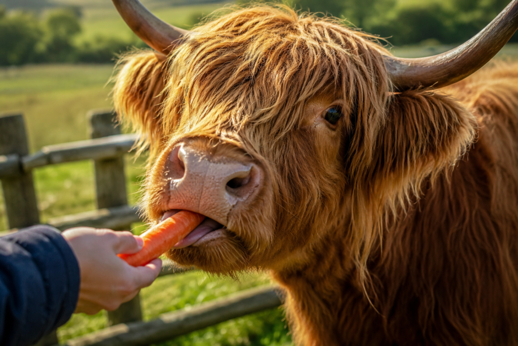 Hand feeding a carrot to a shaggy Highland cow in a green pasture