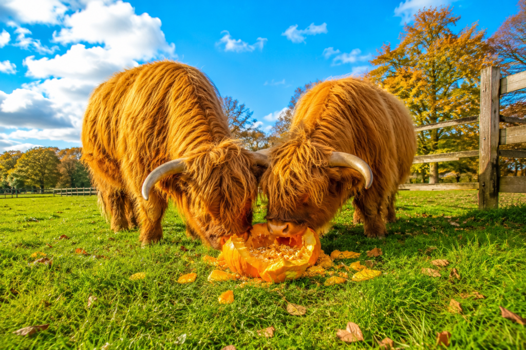 Highland cows eating pumpkins as a treat in a pasture