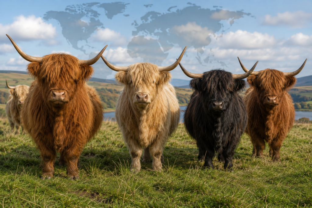 Highland cows representing the global spread of the breed