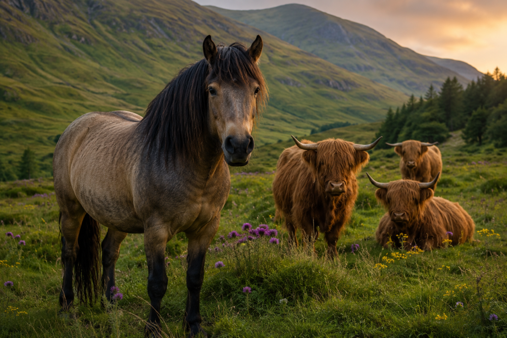 Highland cow and horse grazing together safely in a pasture